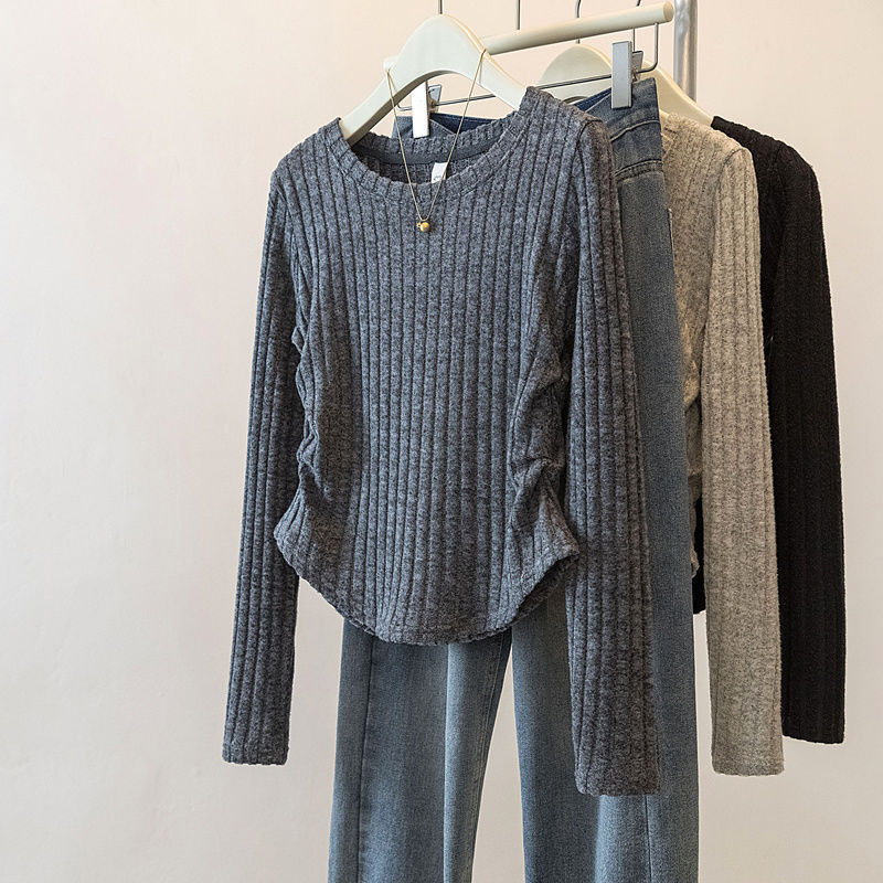 Gray Design Pleated Long-Sleeved Knitwear for Women 2025 Autum Large Size Fat mm Slim and Chic Short Top