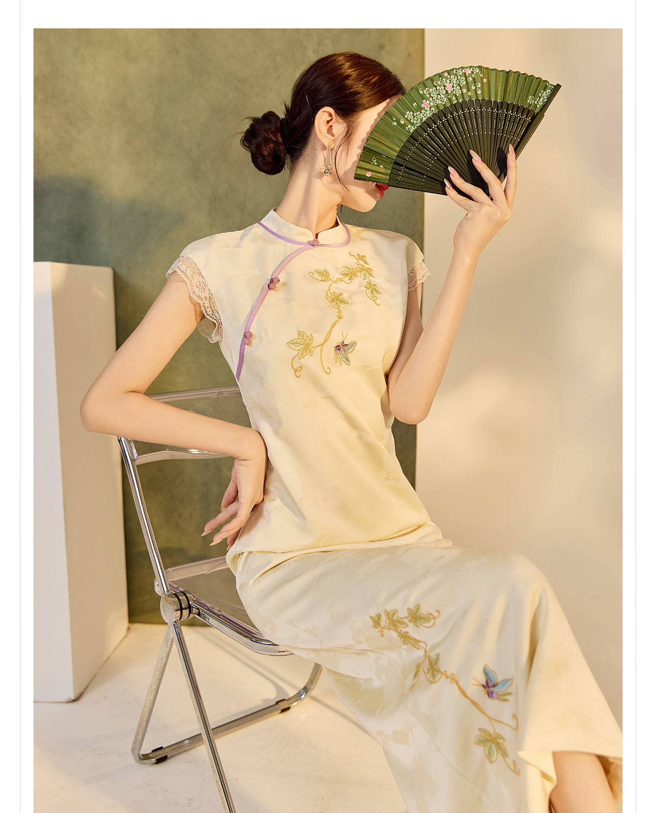 Đầm tay phồng cổ đứng phong cách Trung Hoa mùa hè, sườn xám thêu cải tiến cao cấp — Màu trắng, Màu mơ chi tiết 6