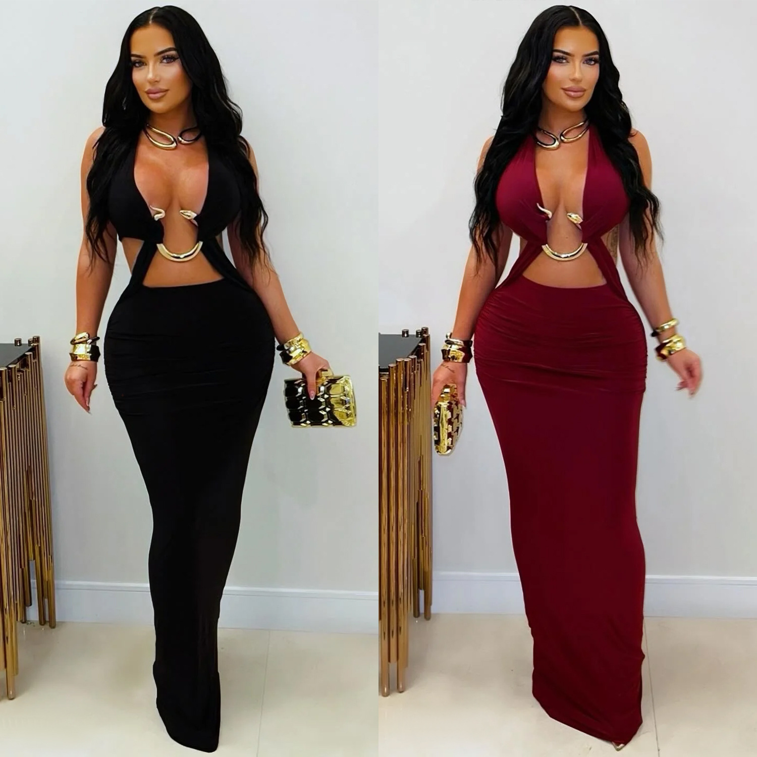 C7572 Aliexpress transfronterizo amazon ropa de moda europea y americana sexy delgada de color sólido correa de brazo vestido image 1