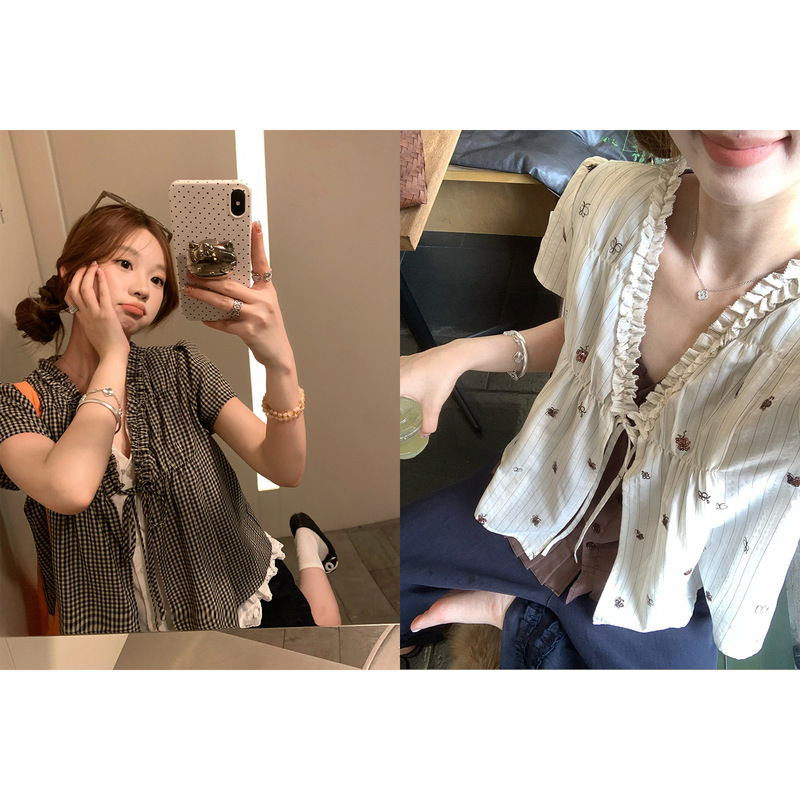 Im Fake Two Pieces! Fungus-Edged Silk Craftsmanship Contrasting Sweet Loose Lace-Up V-Neck Short-Sleeved Shirt for Women Summer