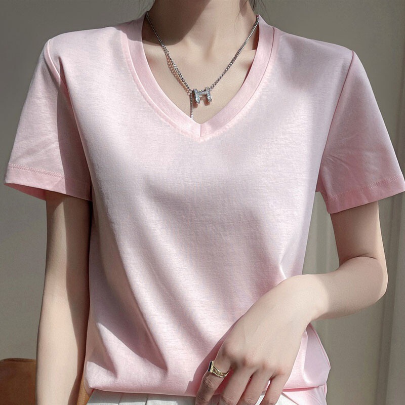 Upgraded 80-counT Mercerized CoTTon ShorT-sleeVed Women's Summer Round V Neck Loose Basic CoTTon T-shirT VersaTile Top T-shirT
