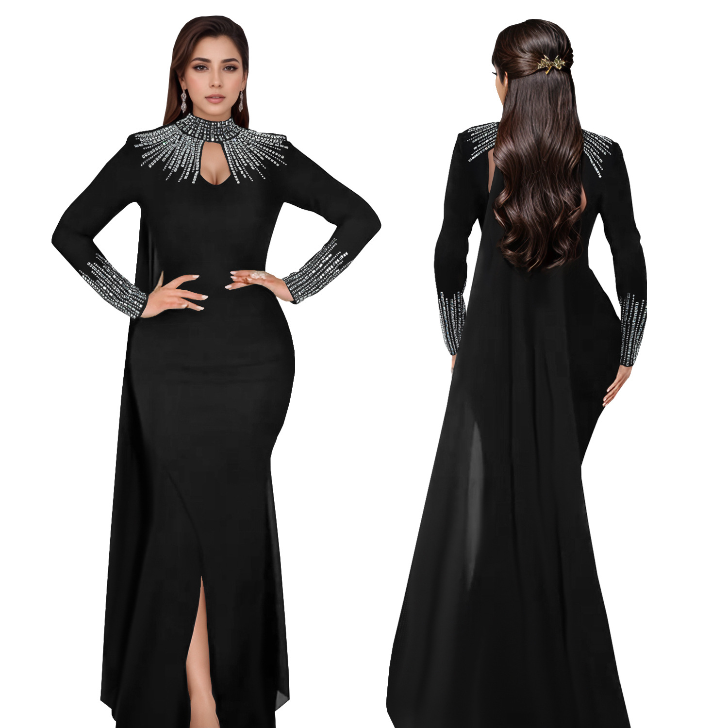 C7381 Cross-border AliExpress Amazon Ropa de mujer de moda europea y americana Elegante perspectiva Vestido ajustado de manga larga de diamantes calientes image 6