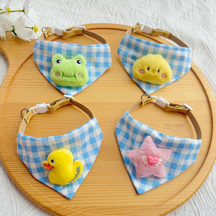 25 Summer Pet Triangle Scarf Collar Cat Saliva Pocket Puppy Neck Chain Cute Cartoon Fabric Blue Plaid