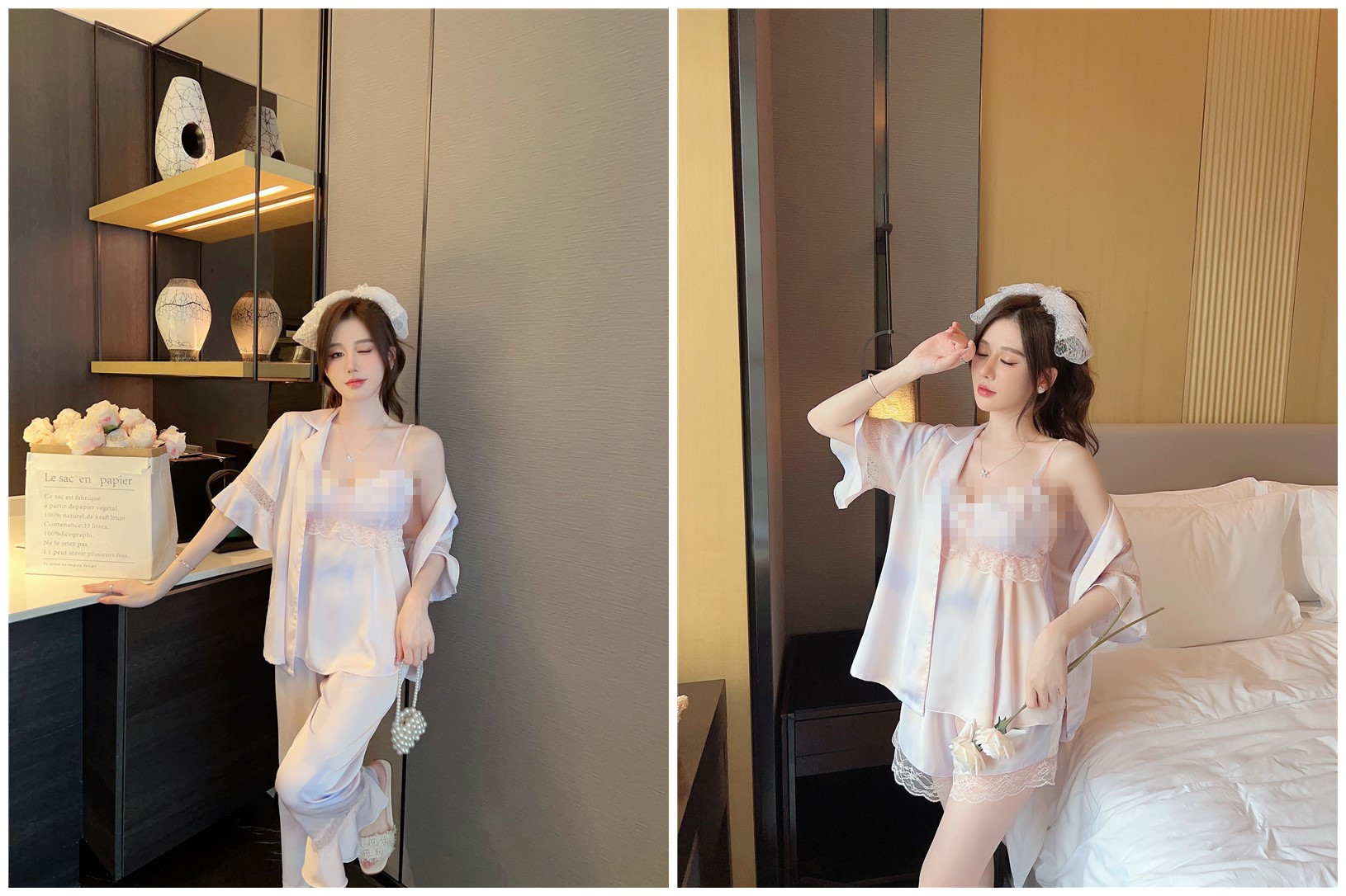 Pajamas for Women 23 Summer Ice and Snow Silk Gradient Flower Bud Sexy Suspender Shorts Pants with Four-piece Set with Breast Cotton