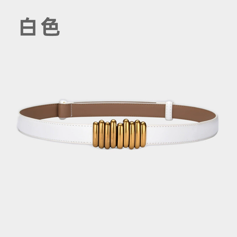 Регулируемый ремень из натуральной кожи, корейский стиль с золотым акцентом, тонкий 2.5 см