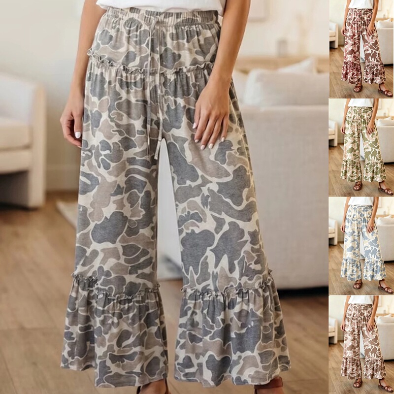 2026 European and American AliExpress cross-border vintage camouflage print elastic waist drawstring ruffle women's new wide-leg pants 2026 European and American AliExpress cross-border vintage camouflage print elastic waist drawstring ruffle women's new wide-leg pants