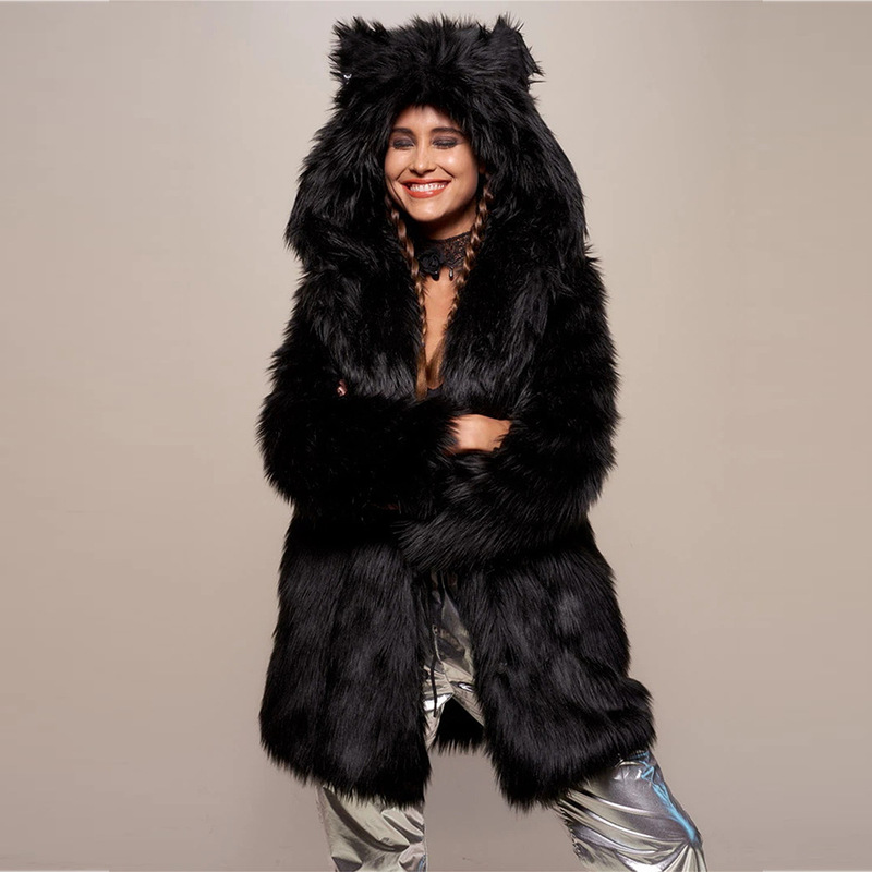 2024 Winter New Women's Faux Fur Coat Long Sleeve Hooded Thickened Warm Slim Fit Fur Jacket Leopard Print Coat 2024 Winter New Women's Faux Fur Coat Long Sleeve Hooded Thickened Warm Slim Fit Fur Jacket Leopard Print Coat
