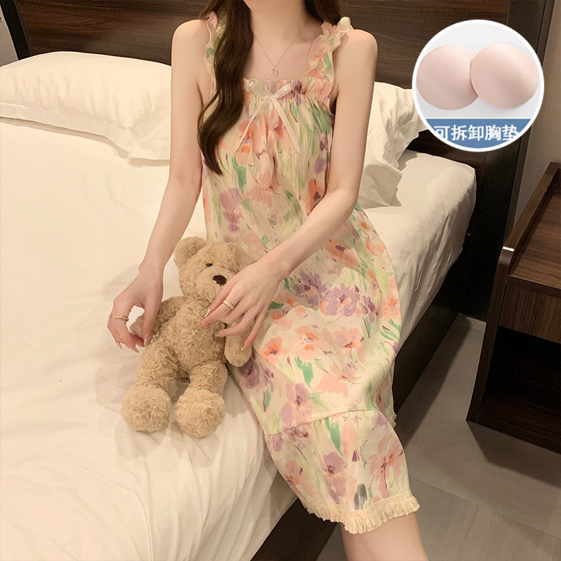 Verano con almohadilla de pecho dulce esling pijama vestido de mujer flores dulces lindas pijama casera casera