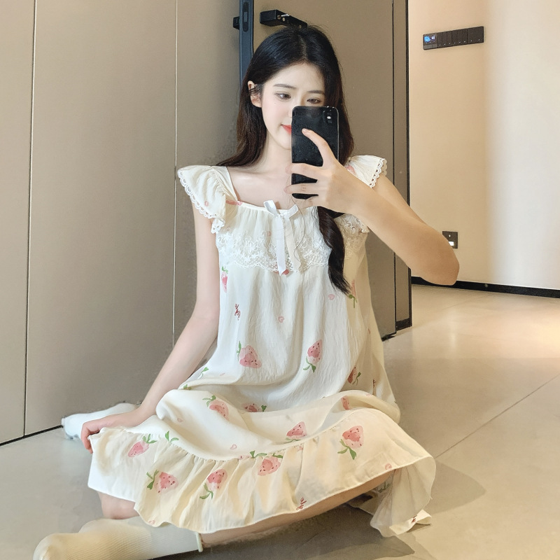 Nightgown with Chest Pads and Straps for Girls, Summer 2026 New Style Home Wear, Sweet Student Girl Flutter Sleeve Sleepwear Nightgown with Chest Pads and Straps for Girls, Summer 2026 New Style Home Wear, Sweet Student Girl Flutter Sleeve Sleepwear