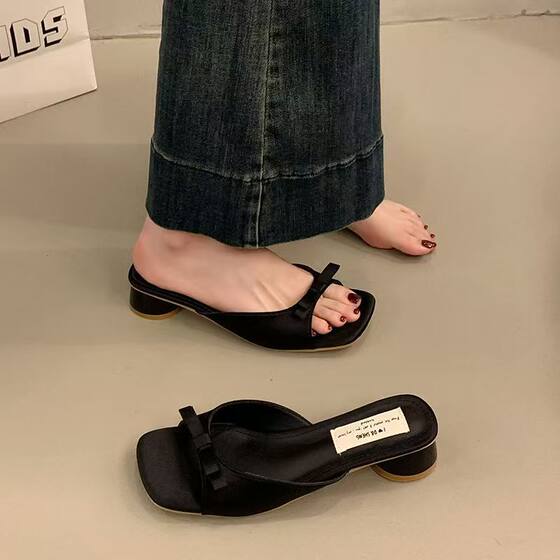 Summer Comfortable Soft Bottom Square Open Toe High Heel Slippers 2025 New Fairy Bow Thin Heel Slippers