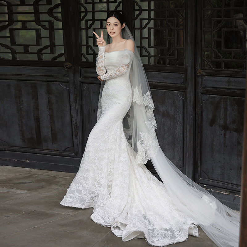 Women's Clothing lace long sleeved light wedding dress new bride one shoulder forest style out door yarn retro fishtail dress skirt_voghion.com