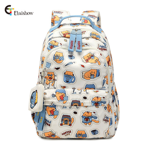 School bag for girls, high school, junior high school student backpack, large capacity, cute cat print, water-repellent backpack, drop shipping for girls