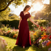 法式复古v领喇叭袖收腰连衣裙雪纺夏季长裙宴会大码女装晚礼服