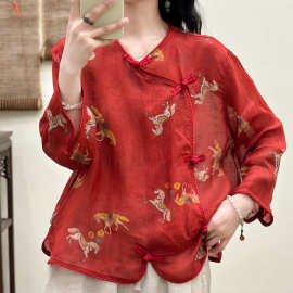 2026夏季复古国风温婉清冷马到成功衬衫文艺苎麻印花禅意茶服