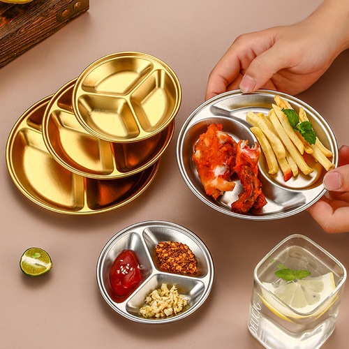 Creative stainless steel round divided plate Korean barbecue sauce plate thickened golden sauce plate snack plate flavor plate