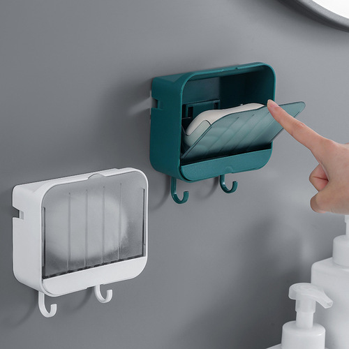 Creative soap box with lid wall-mounted punch-free soap box drain flip-top laundry soap box bathroom storage rack