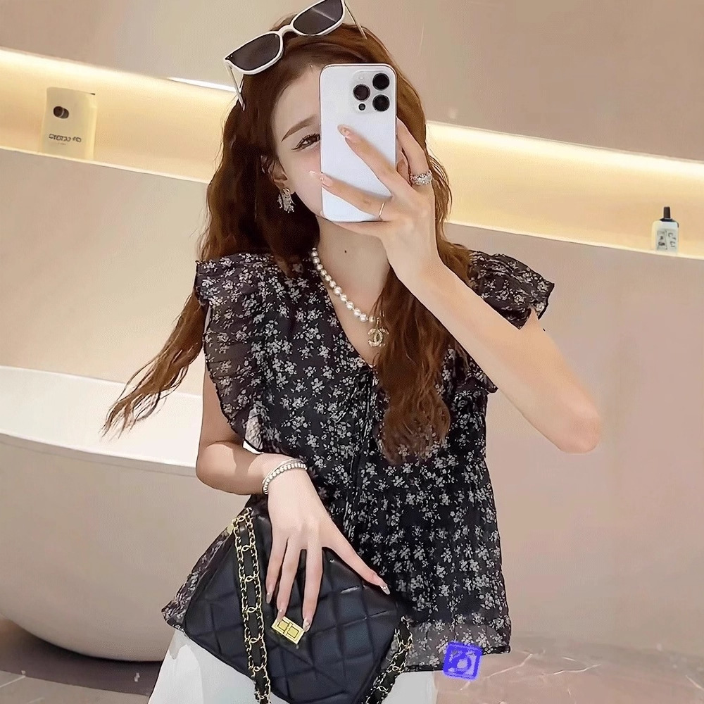 Áo hai dây nữ tay bèo họa tiết hoa nhí chất voan kiểu Pháp — Màu xanh lam nhạt