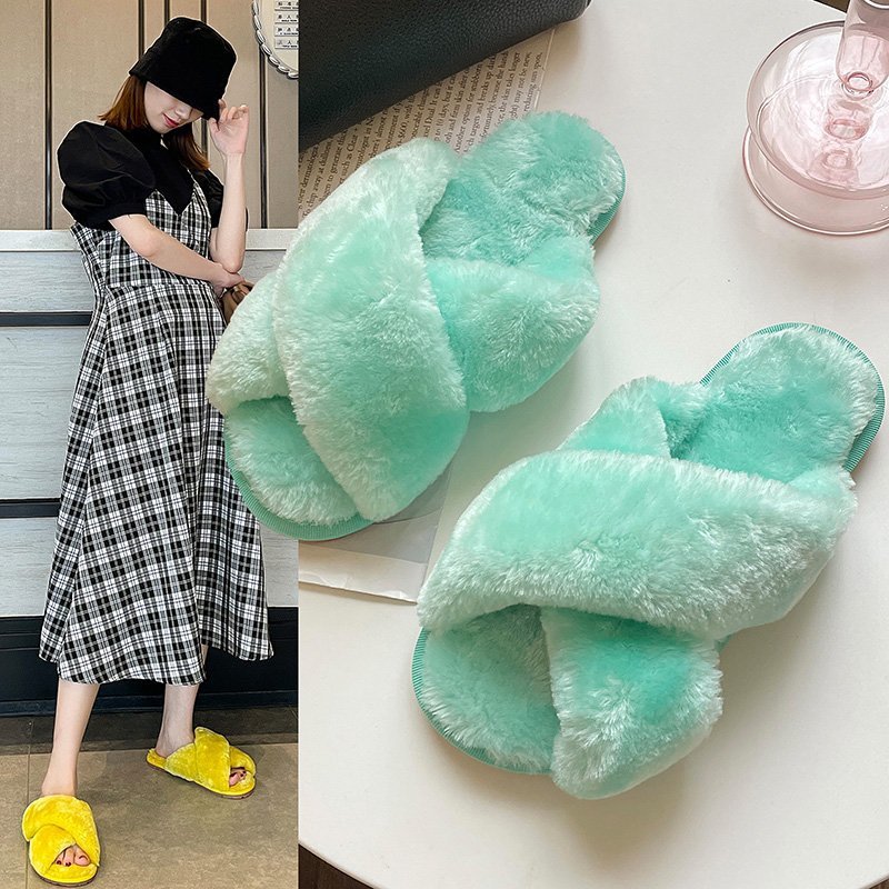 交叉毛毛拖鞋女外穿2021秋冬新款七彩室内地板室外休闲毛绒棉拖潮