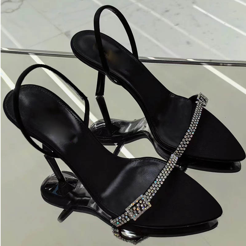 2024 Summer New Rhinestone Buckle High Heel Sandals All-match Stiletto Heel Open Toe Satin High Heels for Women