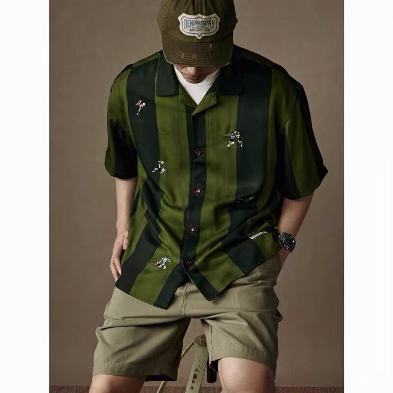 "Green Stadium" Hawaiian Shirt Men's Southeast Asian Five-point Short-sleeved Theme Loose Embroidered Striped Shirt for Summer