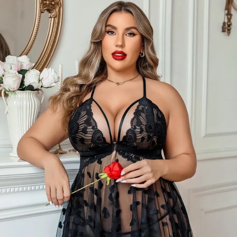 Amazon's best-selling plus-size cross-strap home sexy sleepwear lingerie lace see-through two-piece erotic nightdress