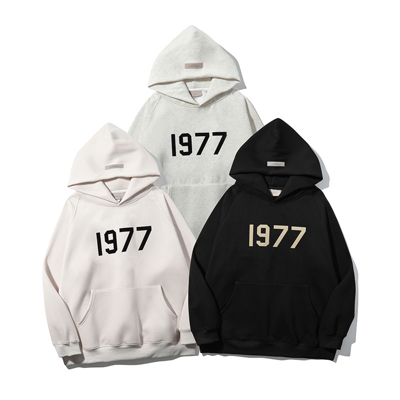 New Autumn and Winter Essentials 1977 Flocked Letter Hooded Sweatshirt for Women High Street Fog Sweatshirt for Men and Couples