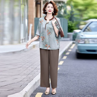 2025年时尚气质中老年宽松两件套妈妈装新款夏季洋气短袖T恤套装