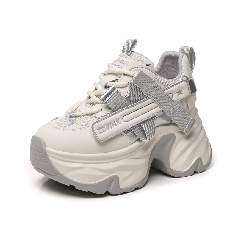 Giày sneaker nữ đế dày tăng chiều cao 11cm, phong cách daddy, lưới thoáng khí — màu đen