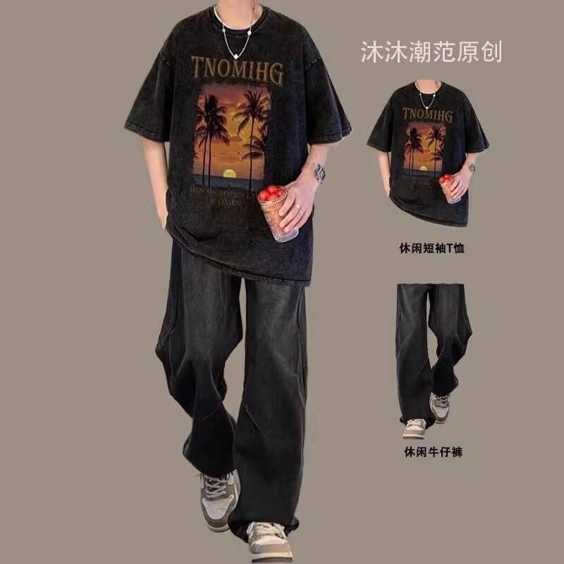 American Short-sleeved suit Men's Washed T-shirt Set with High Street Jeans Fashionable and Handsome Men's Two-piece Set