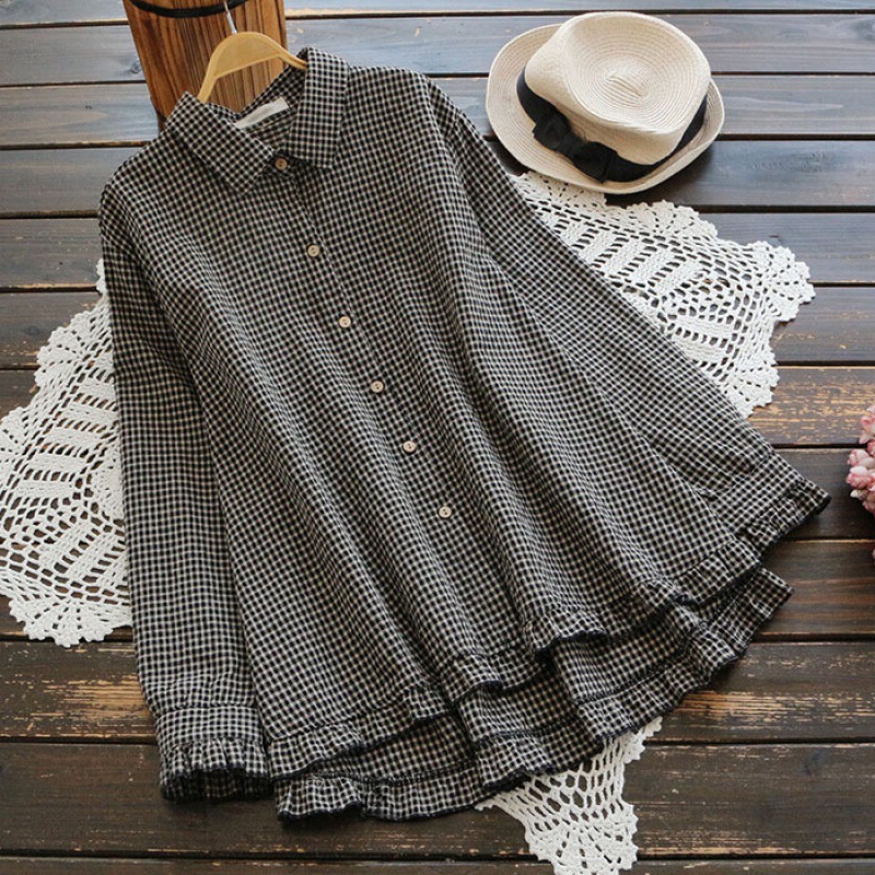 2021 Spring New Japanese Style Loose Cotton Linen Upper Women's Large Size A Shirt Ruffled Cotton Linen Shirt Women