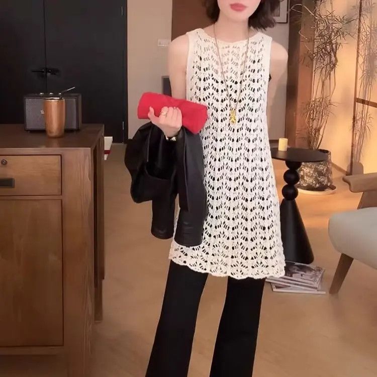 Plus-Size Women's French Resort-Style Crochet Hollow-Out Vest Dress 2026 Spring New Elegant Knit Dress