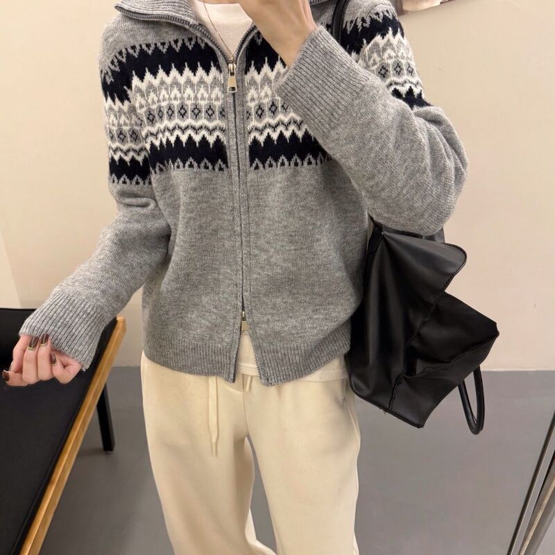 Gray Fair Isle Zipper Jacquard Stand Collar Sweater Women's Fashion Loose Knit Retro Cardigan Autumn Winter Top