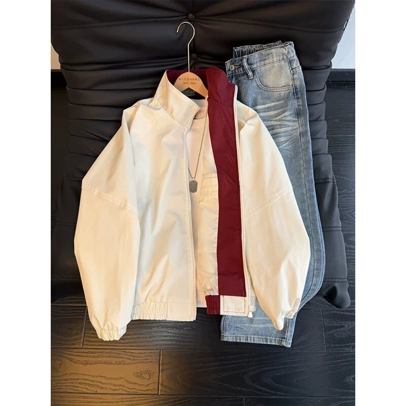 Short, wide-collar, straight-shoulder jacket for men, spring and autumn cleanfit bomber jacket, trendy brand, high-end American style windbreaker