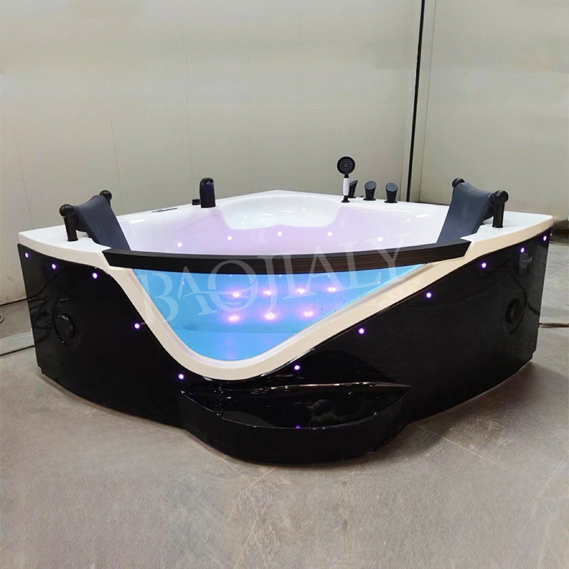Black and White French Corner Massage Bathtub Waterfall Surround Two Person Triangle Bathtub Adult Corner Luxury Whirlpool Bathtub