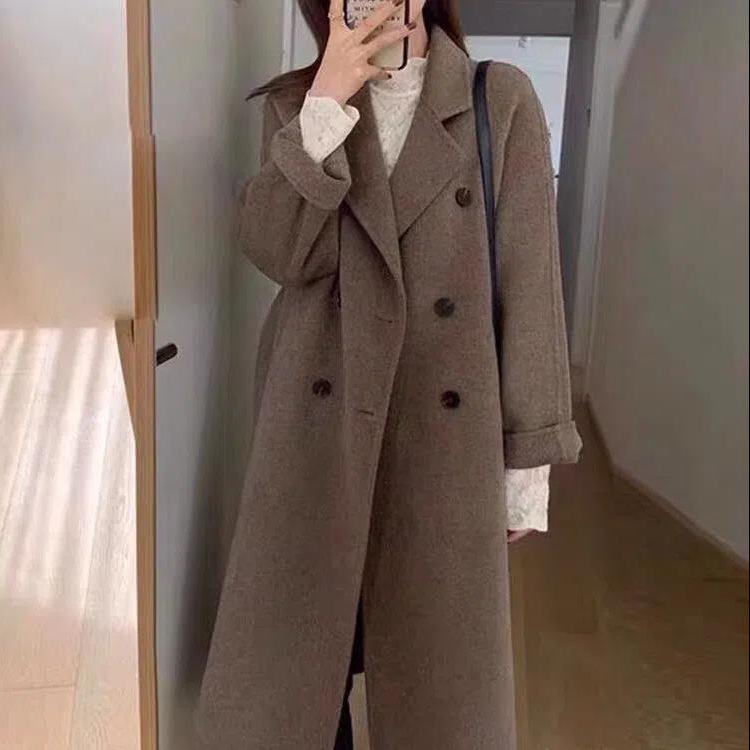 Woolen Coat Women's Mid-Length 2024 Autumn New Hepburn Style High-Level Elegant Loose Age-Reducing Woolen Coat