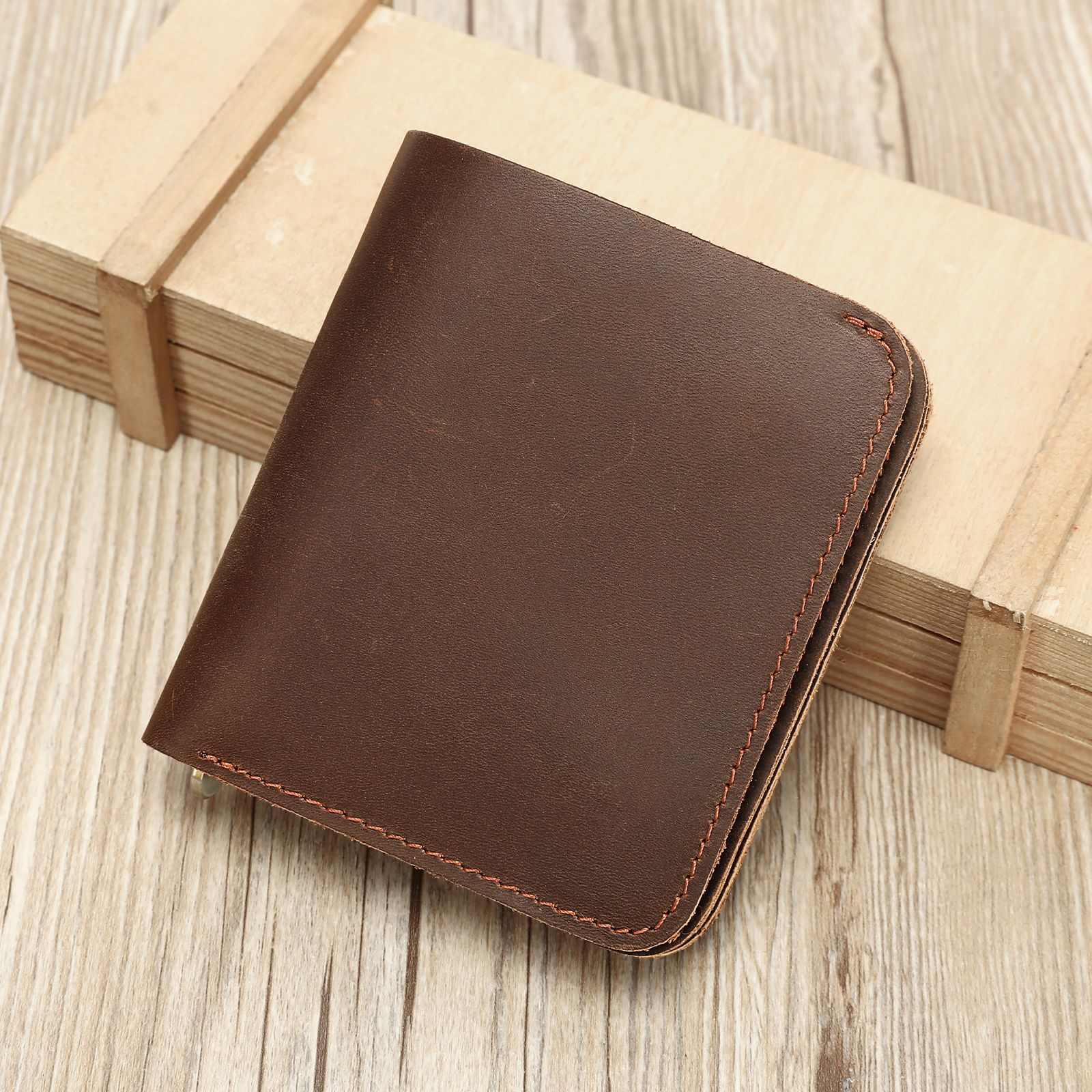 Ví da nam gập mini chất liệu da bò Crazy Horse phong cách retro — Màu nâu, Cà phê đậm, 10cm*2cm*11cm