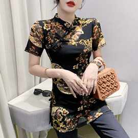 欧货2023中国风经典印花旗袍上衣气质显瘦洋气夏季女装斜襟薄款