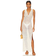 欧美夏背心镂空针织开叉性感v领连衣裙罩衫气质新款宽松无袖外贸