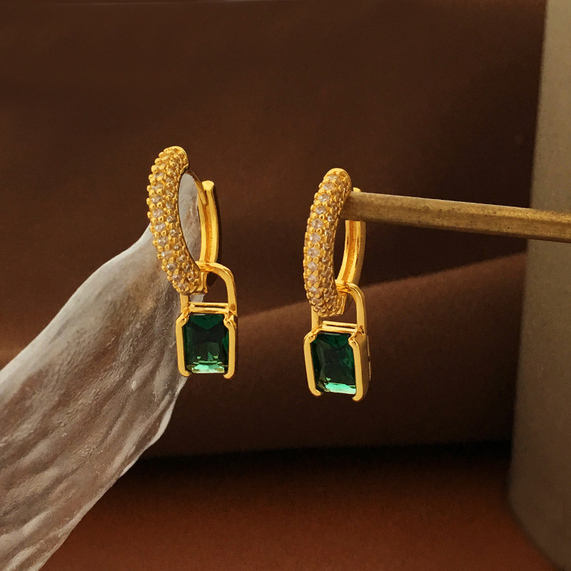 Copper retro green geometric earrings with zircon