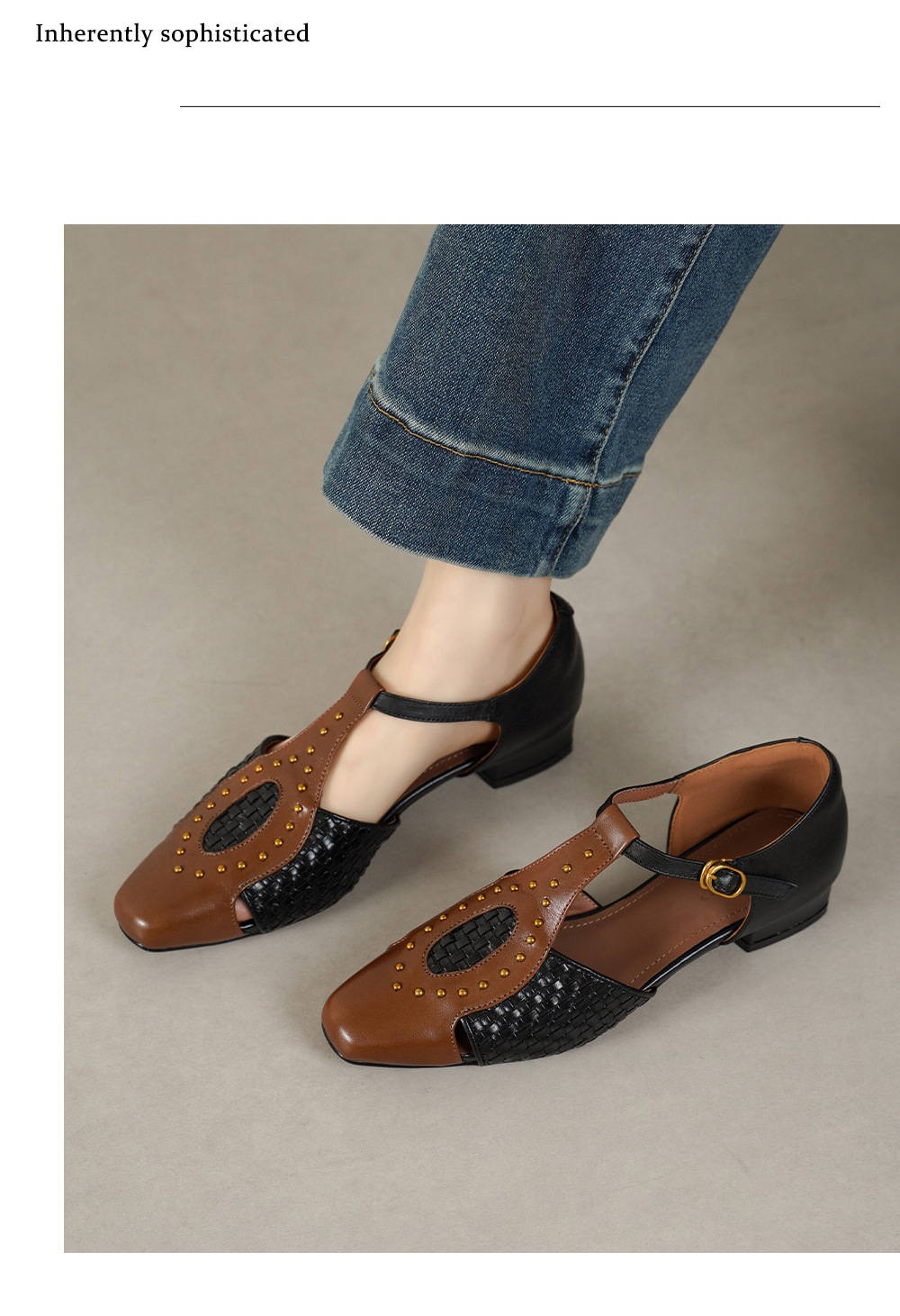 Sandal nữ mũi nhọn gót thấp da bò đinh tán phong cách La Mã — đen chi tiết 9
