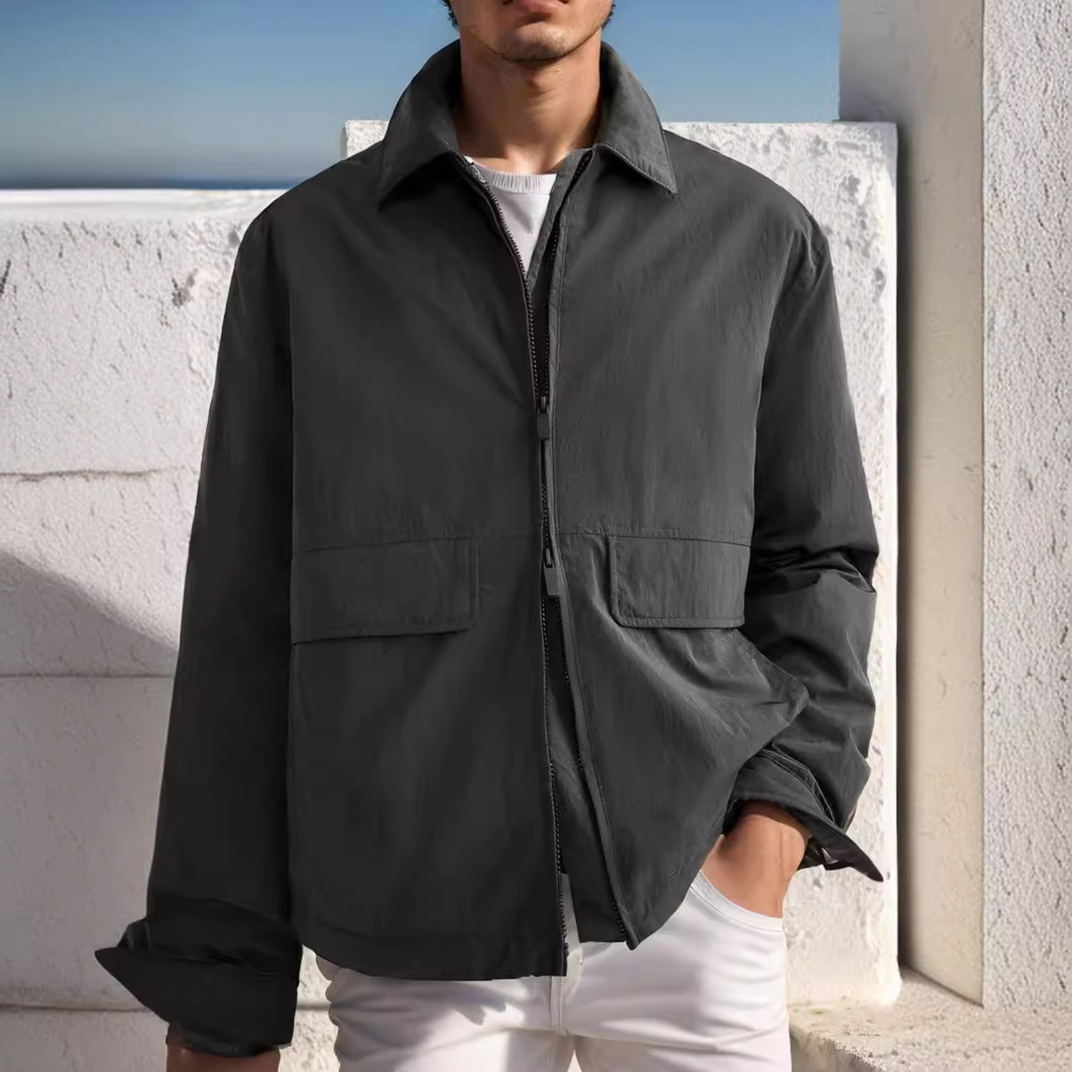 2024 Spring and Autumn New Men's with Collar Solid Color Large Pocket Jacket_voghion.com