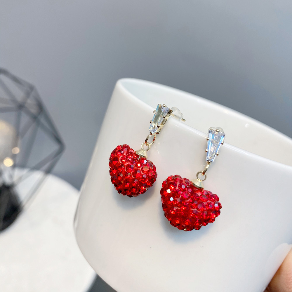 Full Diamond Red Heart Earrings display picture 5