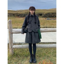 艺术感复古休闲围巾领毛呢短款外套宽松百搭短裤女冬季简约风套装