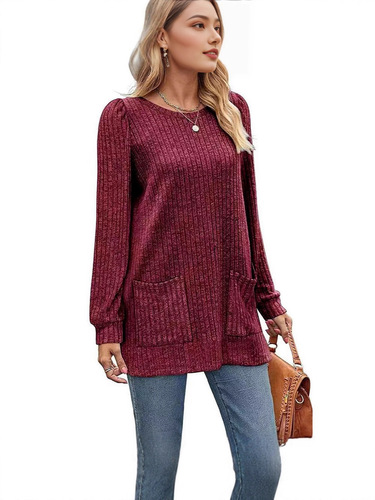 European and American autumn and winter medium and long sweater round collar pit strip solid color pockets long source