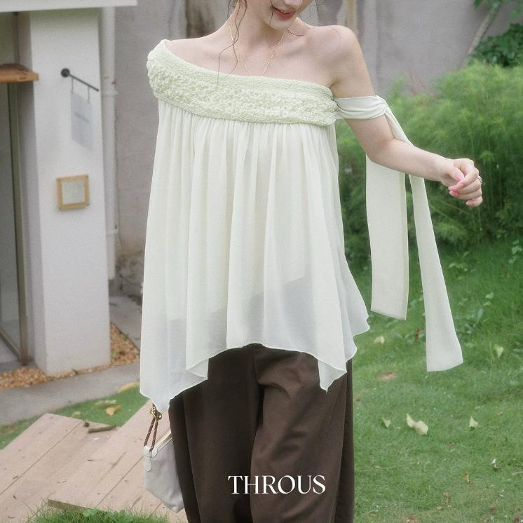 Asymmetrical Off-Shoulder Chiffon Blouse for Women, Summer Gentle Style, Unique Design, Loose Fit, Lightweight Top Asymmetrical Off-Shoulder Chiffon Blouse for Women, Summer Gentle Style, Unique Design, Loose Fit, Lightweight Top