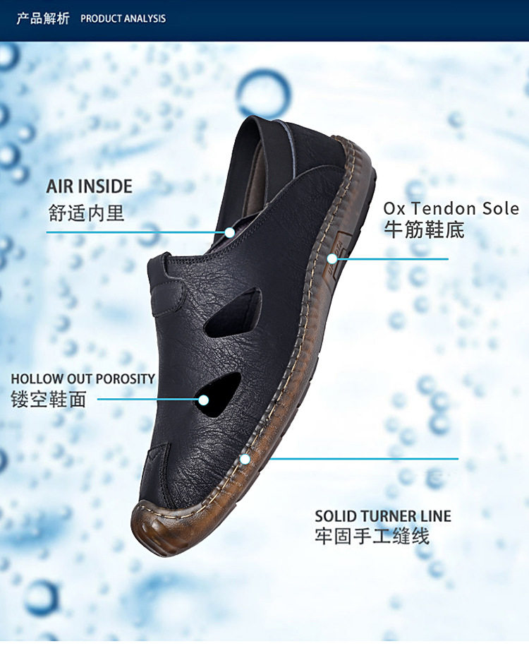 Giày sandal da nam thủ công đan dây, thoáng khí khoét lỗ, kiểu bao đầu — Màu kaki, màu đen chi tiết 4