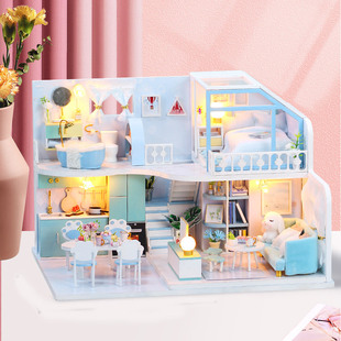 Funyiya DIY Cabin Blue Mu Mu Heart Wooden Handmade Model Assembled Art House Toys Birthday Gift for Girls