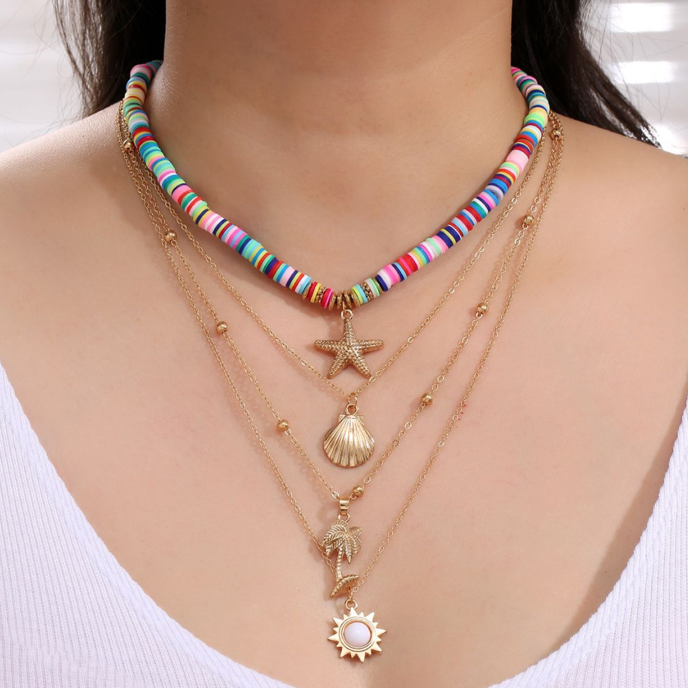 Casual Vacation Coconut Tree Starfish Shell Alloy Soft Clay Heishi Plating Women's Layered Necklaces display picture 1