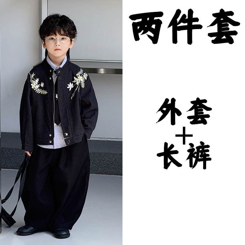 Комплект, цветочная черная куртка, штаны, с вышивкой