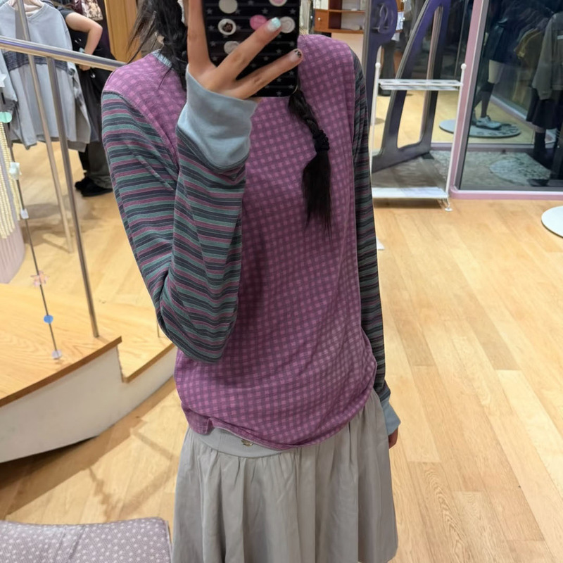 Xh Korean Style Color-Blocked Plaid Striped Patchwork Long-Sleeve T-Shirt Dongdaemun Autumn New Round Neck Top for Women Xh Korean Style Color-Blocked Plaid Striped Patchwork Long-Sleeve T-Shirt Dongdaemun Autumn New Round Neck Top for Women